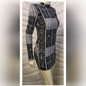 Fashion Nova Bodycon Stretch Black White Egyptian XL Dress Shoulder Pads